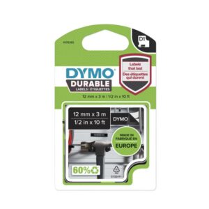 Dymo D1-Tape Vinyl (High Performance), 12mm x 3m, White on Black