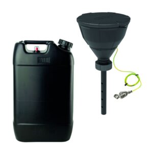 SCAT SafetyWasteSet: Canister S60 (20 L) with Mechanical Level Control, Funnel S60, Stainless Steel Sieve