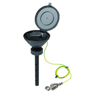 SCAT Funnel with lid "MARCO", V2.0, S60/61, 140 mm PE-HD electrostatic conductive, with lance 220 mm, with removable sieve and earthing cable